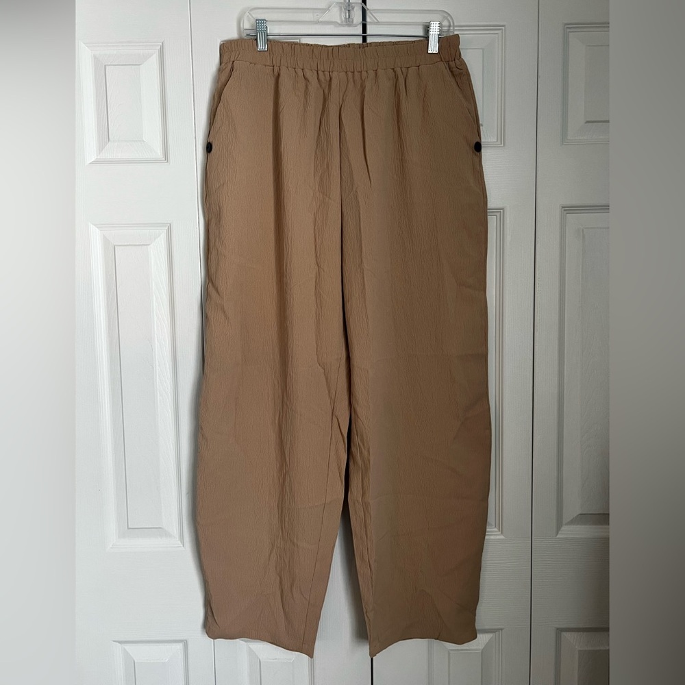 Tan Wide Leg Pants with Elastic Waistband